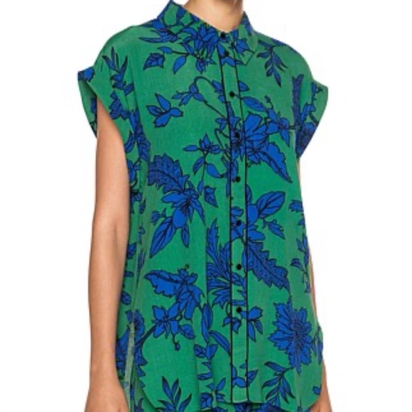 Veronika Maine Floral Tunic Blouse 10 Button Front Green Blue - Picture 1 of 10